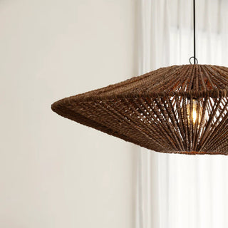Handmade abaca pendant light with reclaimed teak top, woven disc shape, ideal for natural and minimalist home décor.