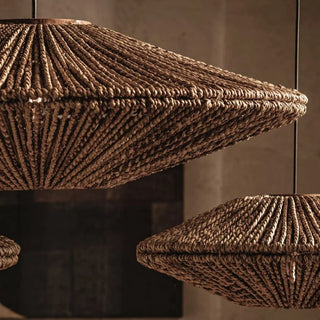 Handmade abaca pendant light with reclaimed teak top, woven disc shape, ideal for natural and minimalist home décor.