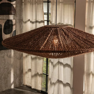 Handmade abaca pendant light with reclaimed teak top, woven disc shape, ideal for natural and minimalist home décor.