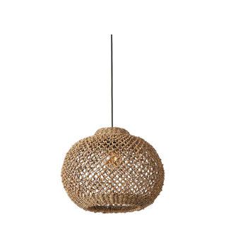 Handwoven seagrass pendant light with an open, rounded dome shape, showcasing natural texture and warm woven detailing.