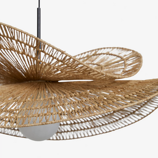 Utama Double-Tier Handwoven Jute Pendant Light – creative ceiling light crafted with intricate artistry. This Wabi-Sabi-inspired hanging lamp adds natural elegance to bedrooms, kitchen islands, dining areas, or coffee tables. Perfect for boho, Scandi, and eco-friendly home décor.