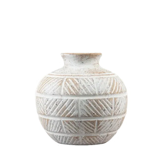 Etched ceramic vase with textured carved detailing and whitewash finish.