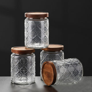 clear-glass-storage-jars-with-acacia-wood-lid-and-flower-design-kitchen-canisters-pantry-storage-organisation