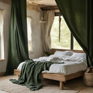 Forest green linen rod pocket curtain panel — natural linen window curtain with soft drape and textured finish. Ideal for earthy, minimalist, and Scandi-inspired home décor. Available at Arkaim Home.