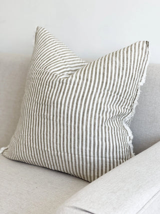 Frayed Linen Cushion Cover / Olive Stripe 45x45cm
