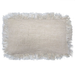 Rectangular cushion cover in a textured white linen fabric with a fringed border.