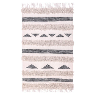 Handwoven Moroccan cotton kilim rug with tufted construction, ivory and black geometric design, and tactile fringe – perfect for Scandi, Boho, or minimalist interiors.