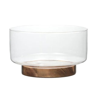 Clear glass bowl with a wooden base for serving salads, fruits and snacks, Arkaim Home