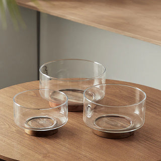 Clear glass salad bowls with wooden bases in three different sizes, Arkaim Home