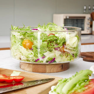 Clear glass bowl with a wooden base for serving salads, fruits and snacks, Arkaim Home
