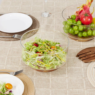 Clear glass bowl with a wooden base for serving salads, fruits and snacks, Arkaim Home