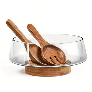 Hand-blown glass salad bowl with wooden base, Arkaim Home