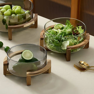 Clear glass serving bowls with sculptural wooden base for salads, fruits and vegetables, Arkaim Home