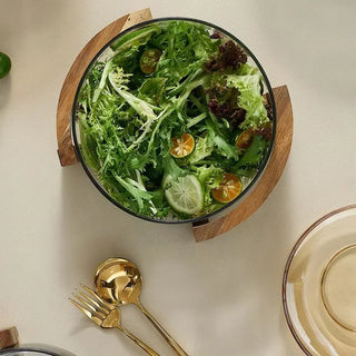 Modern glass bowl with wooden base for salads, Arkaim Home