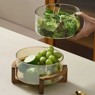 Modern glass bowl with wooden base for salads and fruit, Arkaim Home