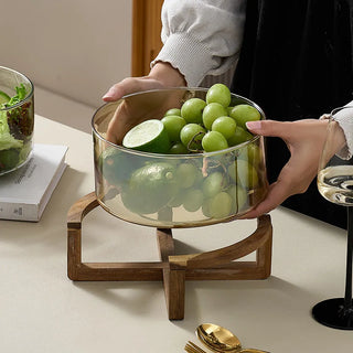 Modern glass bowl with wooden base for salads and fruit, Arkaim Home