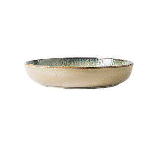 Kiln-glazed deep ceramic plate with ribbed texture and neutral, sand-inspired tones—perfect for serving pasta, noodles, or liquid-based meals.