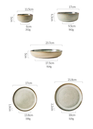 Artisanal ceramic Goku dining plates and bowls, crafted using traditional kiln-glazed methods with a ribbed surface and finished in calming neutral hues inspired by sand and sea. Perfect for serving rice, noodles, steak, salads and more, this dining set adds a touch of elegance to dinner parties and summer socializing.