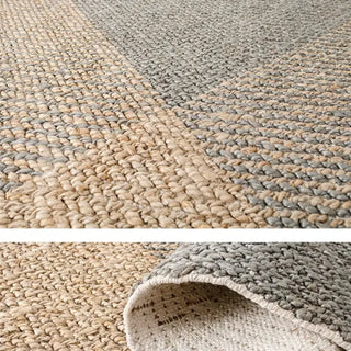 Bima handwoven jute and cotton rug in grey and natural for minimalist, costal, boho or nordic living room or bedroom spaces.