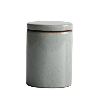 Grey ceramic kitchen storage canister with lid, minimalist design.