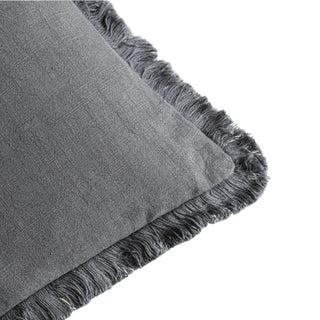 Grey fringed cotton cushion covers, made from 100% natural cotton with soft ruffled edges. Perfect for minimalist, boho-inspired living space.