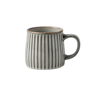 Handmade ceramic ribbed mug in earthy grey tones. Rustic, high-quality ceramic mug for coffee or tea lovers.