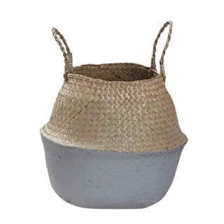 Handwoven natural and grey seagrass storage basket with handles, perfect as a stylish hanging basket, pot planter, or decorative storage solution. This eco-friendly, two-tone basket adds a touch of natural home décor while keeping your space organized. Shop handcrafted storage baskets at our natural homeware store.
