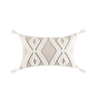 Handmade ivory cotton cushion cover with tufted geometric pattern and tassels – soft, breathable, and ideal for boho or minimalist interiors.