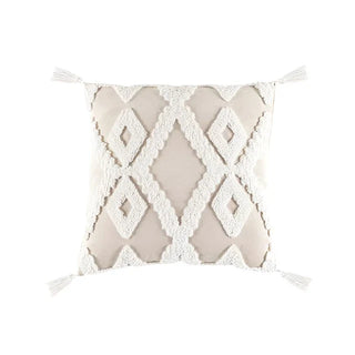 Handmade ivory cotton cushion cover with tufted geometric pattern and tassels – soft, breathable, and ideal for boho or minimalist interiors.