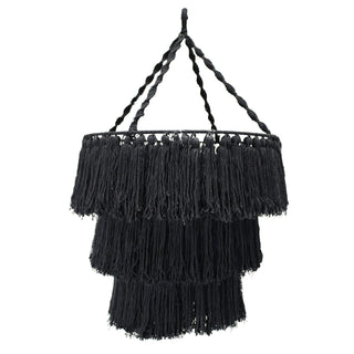 Handwoven black macrame chandelier with a flowing, tiered cotton rope design.