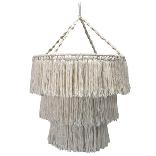 Handwoven natural macrame chandelier with a flowing, tiered cotton rope design.