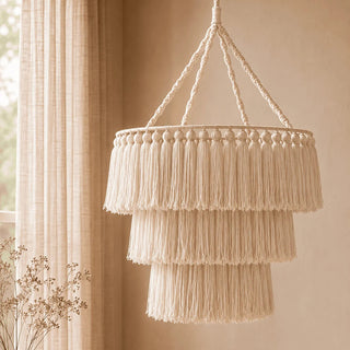 Cream macrame pendant light with tiered fringe for relaxed bohemian, coastal and rustic interiors.