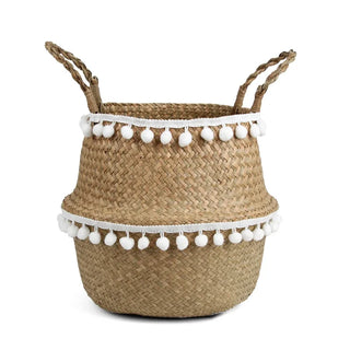 Handwoven seagrass basket with white cotton pom pom trim, Arkaim Home