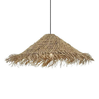 Straw hat pendant light made from natural raffia, eco-friendly ceiling lighting with coastal style for dining, bedroom, or living spaces.