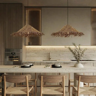 Straw hat pendant light made from natural raffia, eco-friendly ceiling lighting with coastal style for dining, bedroom, or living spaces.