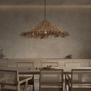 Straw hat pendant light made from natural raffia, eco-friendly ceiling lighting with coastal style for dining, bedroom, or living spaces.