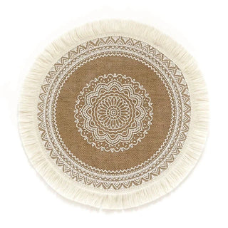 Set of four hessian boho placemats featuring a natural fibre weave and mandala design, perfect for rustic or coastal table settings.