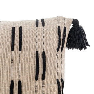 Ayat Linen Blend Cushion Cover – decorative black and white boho cushion with tasselled corners. Made from a soft linen-cotton blend, featuring an ethnic-inspired pattern for a natural home décor touch.
