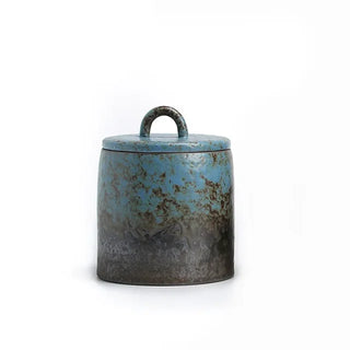 Blue Japanese stoneware storage jar with lid, featuring a rustic finish. Perfect for kitchen organization, this ceramic canister provides airtight storage for tea, coffee, spices, or pantry essentials. A stylish and functional addition to natural homeware and minimalist décor.