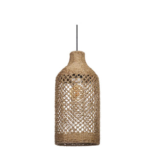 Handwoven seagrass pendant light with lantern shape - perfect for wabi sabi, contemporary, minimalist decor.