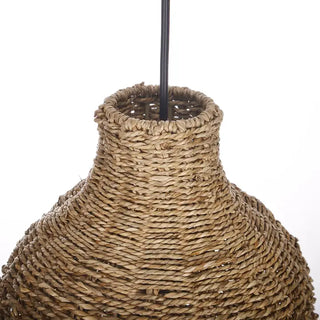 Detailed close up of a woven natural seagrass lampshade.