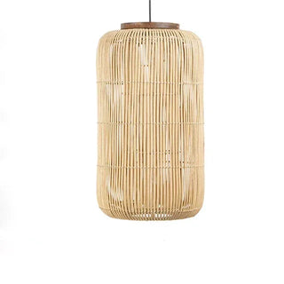 Natural rattan and teak pendant light with organic shape — handmade ceiling lamp for minimalist or coastal interiors.