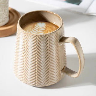 Leya Handmade Ceramig Mug - Large handmade coffee cup (760ml) with a chevron pattern and earthy semi-matte glaze – durable, stylish, and perfect for everyday coffee or tea moments.