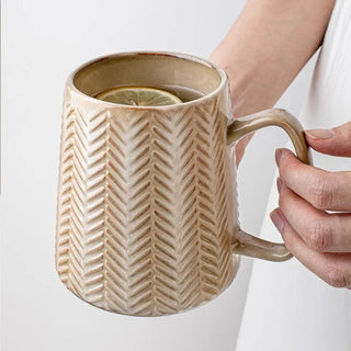 Leya Handmade Ceramig Mug - Large handmade coffee cup (760ml) with a chevron pattern and earthy semi-matte glaze – durable, stylish, and perfect for everyday coffee or tea moments.