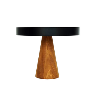 Elegant pedestal cake display stand with a wooden high foot and metal top, perfect for showcasing desserts, fruits, or decorative ornaments. This versatile high stand tray adds a natural and stylish touch to any home décor or dining setting.