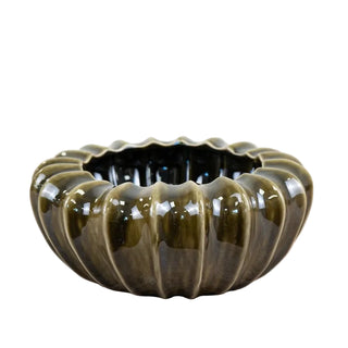 Olive ceramic bowl with fluted pod silhouette and glossy glaze