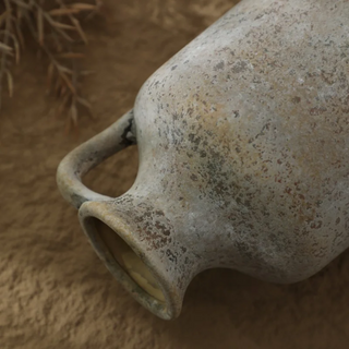 Tami decorative earthy ceramic vase with jug shape and handle – a natural contemporary home décor accessory inspired by Wabi-Sabi aesthetics. Perfect for rustic, natural and minimalist interiors.