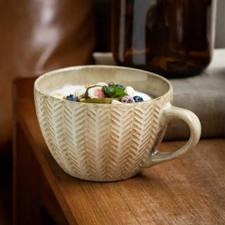 Leya Handmade Ceramig Cup - handmade coffee cup with a chevron pattern and earthy semi-matte kiln glaze – durable, stylish, and perfect for everyday coffee or tea moments.