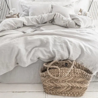 Light grey linen duvet cover — breathable natural linen bedding, textured and soft, ideal for year-round comfort. Available in multiple colours and sizes at Arkaim Home. Perfect for modern, boho, Scandinavian, and wabi-sabi bedroom styles.