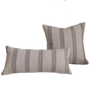 Kaya linen blend cushion cover with  vertical stripes in neutral beige and grey. Contemporary throw pillow for layering on sofas and beds.